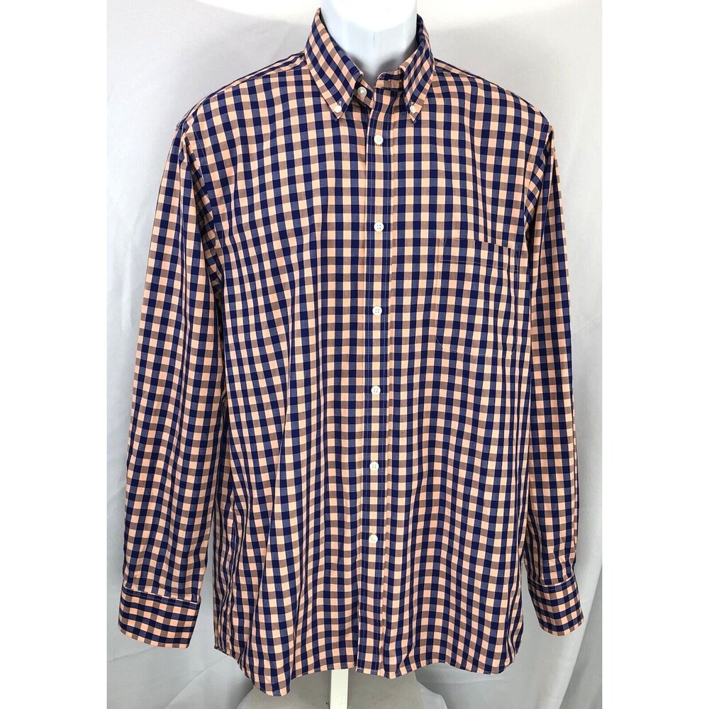 Izod Button Up Oxford L 16 34/35 Blue Peach Checkered Plaid Long Sleeve Classic